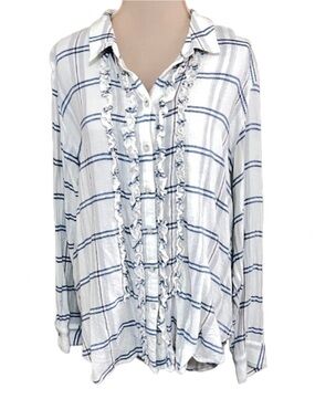 Pilcro XL White, Navy & Red Plaid Ruffle Button-Down Shirt Cottagecore Boho Flaw